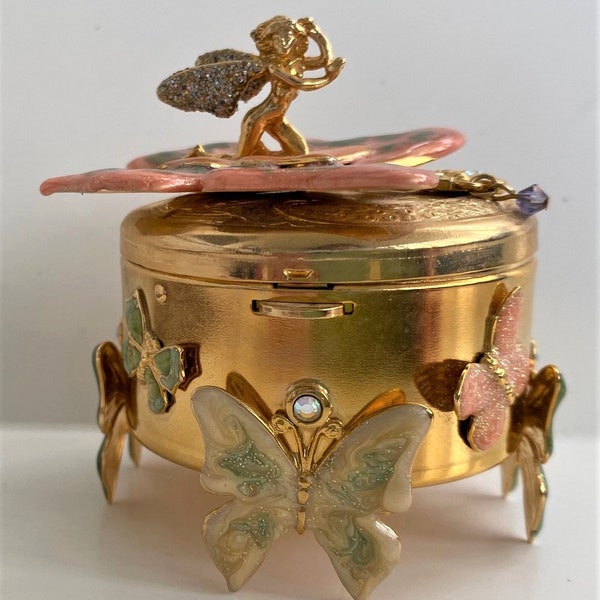 Vintage Kirks Folly Trinket Box Butterflies Fairies Fairy Crystals Jewels Butterfly Gold Tone Detachable Pin Retired Enameled Signed Rare