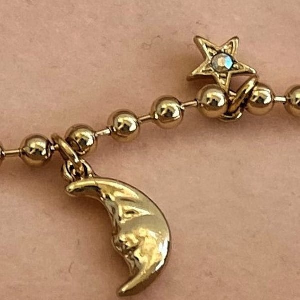 NIB Kirks Folly Charm Anklet Vintage Moons Stars Dragonfly Butterfly Fantasy Crystal Stone Beads Gold Tone Never Worn Retired