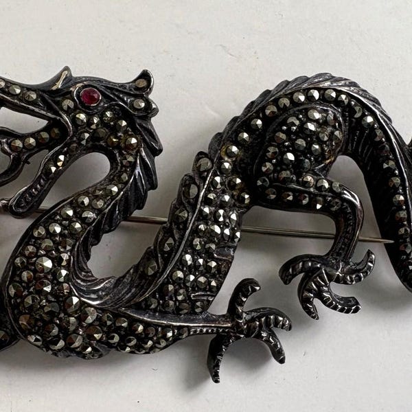 Vintage Dragon Brooch Pin Silver Tone Marcasite Ruby Red Eye Stone Garnet Japanese Chinese Nordic Medieval Please Read