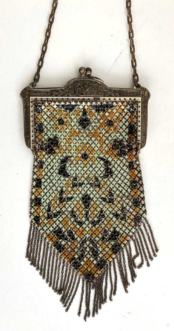 Antique 1920s Purse Mesh Chain Mail Mandalian Mfg. Art Deco Enameled with Fringe Flapper Chain Clasp Silver Tone Vintage Edwardian 20thC