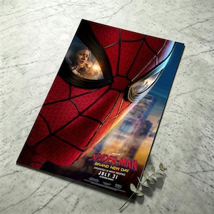 May include: A rectangular movie poster for Spider-Man Brand New Day featuring a close-up of a red and black textured mask. The left eye lens reflects a person and a city skyline. Text includes Spider-Man Brand New Day and July 31.