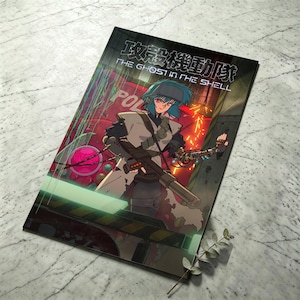 May include: A rectangular poster featuring anime-style artwork of a character with blue hair and a tactical outfit holding a rifle. The text reads "攻殻機動隊" and "THE GHOST IN THE SHELL" at the top. The background displays a red police vehicle with glowing light effects.