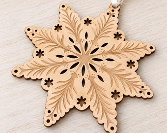 Wooden Snowflake Ornament, Rustic Laser Engraved Christmas Tree Decoration