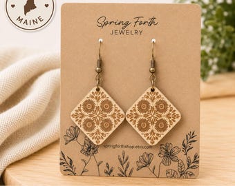 Birth Month Flower Earrings: Lightweight Wooden Dangle Earrinfd, Engraved Gift for Her