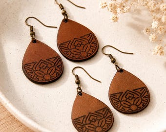Women's Jewelry Leather Teardrop Earrings Lightweight Boho Leather Earrings Laser Engraved Geometric Gift for Her Birthday Wedding Daughter