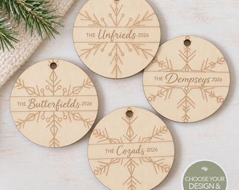 Personalized Family Christmas Ornament Gift Customizable Name and Date Holiday Keepsake Wooden Engraved - Multiple Snowflake Designs