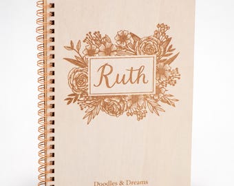 Personalized Wooden Sketchbook Blank Notebook Laser Engraved Drawing Book Artist Gift Idea for Girls Students Women - 40 sheets