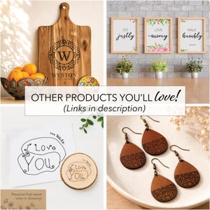 May include: A collage featuring a wooden cutting board with a monogram, three framed wall prints with the text Do justly, Love mercy, Walk humbly, a note and wood slice with the text I Love YOU, and two pairs of brown teardrop-shaped earrings.