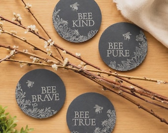 Bee Lover Coaster Set Slate Coffee Tea Coasters Housewarming Gift Birthday Gift for Mom Friend Teacher Kitchen Decor Inspirational Gift