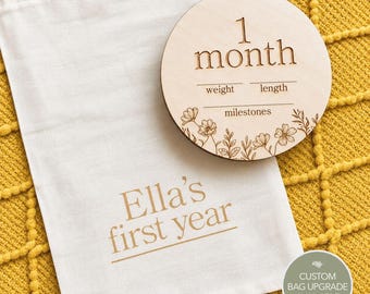 Wooden Baby Milestone Discs Boho Baby Month Markers Photo Props Newborn Gift Baby First Year Keepsake Record Tracker Personalized Bag