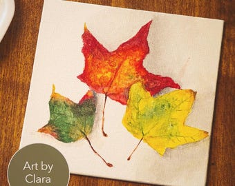 Original Acrylic Fall Leaves Painting on Canvas – Small Autumn Wall Art (5" x 5")