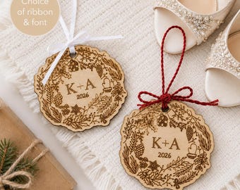 Wedding Favor Christmas Ornament Personalized Engraved Initials Wooden Christmas Ornament Christmas Wedding Favor Couple Keepsake Gift