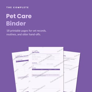 Raccoglitore viola per la cura degli animali domestici stampabile / Cartella sanitaria per cani e gatti in PDF / Registro delle visite veterinarie, registro delle vaccinazioni, istruzioni per il pet sitter, viola