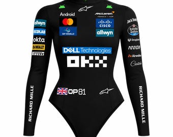 Macacão de corrida feminino inspirado no McLaren Oscar Piastri 81 F1, roupa térmica de alta performance para automobilismo.
