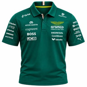May include: A dark green short-sleeved polo shirt featuring a collar and a button placket. The shirt is covered in various white sponsor logos including Aston Martin, Aramco, Cognizant, Boss, JCB, Honda, TikTok, Pepperstone, NexGen, and Pirelli.