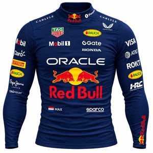 May include: A dark blue long-sleeve mock neck shirt featuring the Oracle Red Bull Racing team branding. The shirt is covered in various sponsor logos including Tag Heuer, Mobil 1, Honda, and Sparco, with the name Max and a Dutch flag printed on the front.