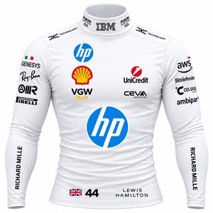 May include: A white long-sleeve mock neck shirt featuring various sponsor logos including HP, Shell, VGW Play, UniCredit, Ceva Logistics, AWS, Bitdefender, Celsius, Ambipar, Genesys, Ray-Ban, Pirelli, and Richard Mille, with Lewis Hamilton and 44 printed.