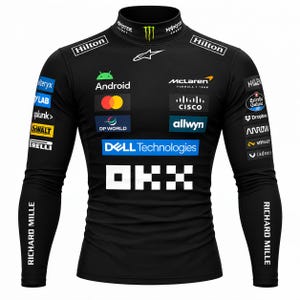 May include: A black long-sleeve mock neck shirt featuring various sponsor logos including McLaren Formula 1 Team, Dell Technologies, OKX, Android, Cisco, Hilton, and Richard Mille. The garment has a fitted silhouette with multiple brand graphics.