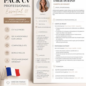 Könnte beinhalten: Eine professionelle Lebenslaufvorlage mit dem Titel Pack CV Professionnel Essential 01, die ein beiges und weißes Layout mit einem runden Porträtfoto, Kontaktdaten, Berufserfahrung, Fähigkeiten, Sprachen und Ausbildung auf Französisch enthält.