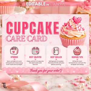 Modello di scheda per la cura dei cupcake 6x4 / Inserto per pasticceria modificabile con Canva / Guida alla conservazione e al servizio dei cupcake / Biglietto di ringraziamento per piccole imprese