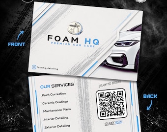 Modello di biglietto da visita per autolavaggio, modello Canva per detailing auto a domicilio, scheda di servizio modificabile, biglietto di appuntamento con codice QR