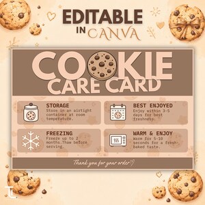 Cookie Care Card Template, Editable Canva Bakery Instructions Card, 6x4 Cookie Storage Guide, Digital Download Small Business Thank You Card
