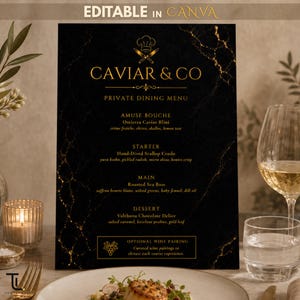 Menymall för privat kock, redigerbar Canvas-meny för fin middag, lyxig middagsbjudningsmeny, utskrivbar A5-cateringmeny