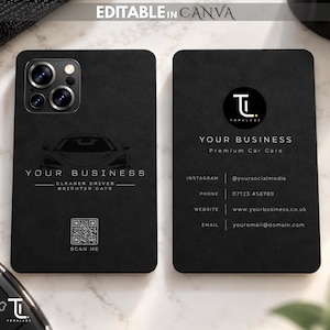 May include: Two black rectangular business cards with rounded corners. The left card features a car graphic, the text "YOUR BUSINESS," "CLEANER DRIVES BRIGHTER DAYS," and a QR code. The right card displays a logo, "YOUR BUSINESS," and contact details.