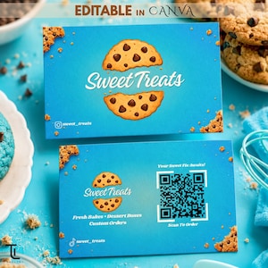 Bakery Business Card Template, Editable Canva Cookie Logo Card, Dessert Business Card, QR Code Printable Branding, Instant Download