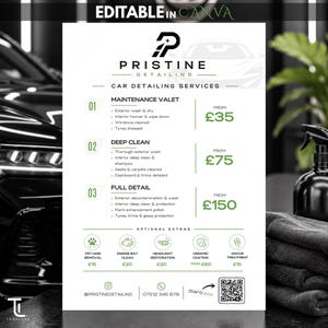 Puede incluir: Un folleto blanco para servicios de limpieza de coches Pristine Detailing con logo negro, niveles de servicio desde £35 a £150 y extras. El texto detalla mantenimiento, limpieza profunda y completa con código QR y contacto.