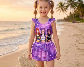 Kpop Demon Hunters Girls Two-Piece Swimsuit Set, Tank Top One-Piece Bathing Suit with Ruffled Skirt, Cute Swimwear, Beach Vacation Outfit