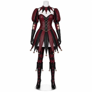 May include: A jester-style costume featuring a dark red and black bodice with a sweetheart neckline, puff sleeves, and a pointed collar. The skirt consists of alternating red and black panels with small bells. Includes matching leggings and gloves.