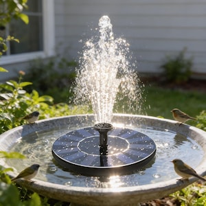 Puede incluir: Una bomba de fuente solar negra y circular que flota en un baño para pájaros de piedra, lanzando un chorro de agua vertical al aire. Tres pájaros pequeños están posados en el borde del cuenco, que está lleno de agua clara.