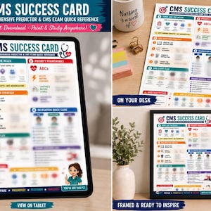 Può includere: Una guida allo studio infermieristico CMS Success Card con sezioni su strategie NCLEX, quadri di priorità e delega. Il documento include un logo a bersaglio, un'icona di stetoscopio e un'infermiera disegnata, su tablet e su carta.
