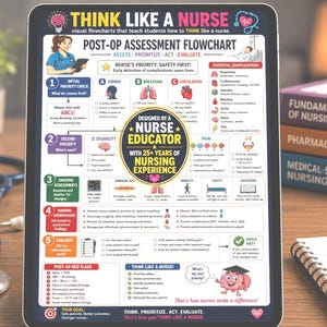 Puede incluir: Una tableta digital que muestra un colorido diagrama de flujo de evaluación postoperatoria para estudiantes de enfermería. La infografía incluye secciones sobre prioridades, complicaciones, escalas de dolor e intervenciones, con una insignia central que dice Designed by a Nurse Educator with 25+ Years of Nursing Experience.