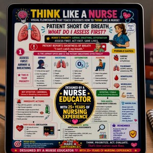May include: A digital tablet screen displaying a nursing educational flowchart titled Think Like a Nurse. The infographic details patient assessment steps for shortness of breath, including airway, breathing, and oxygenation, with medical icons and text.