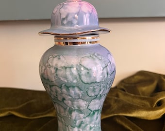 Vintage Marbled Porcelain Ginger Jar | Lavender Green Iridescent Gold Trim Chinoiserie Home Decor