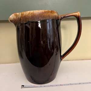 Vintage Pfaltzgraff Gourmet Brown Drip Pitcher | Mid Century Stoneware Water Jug