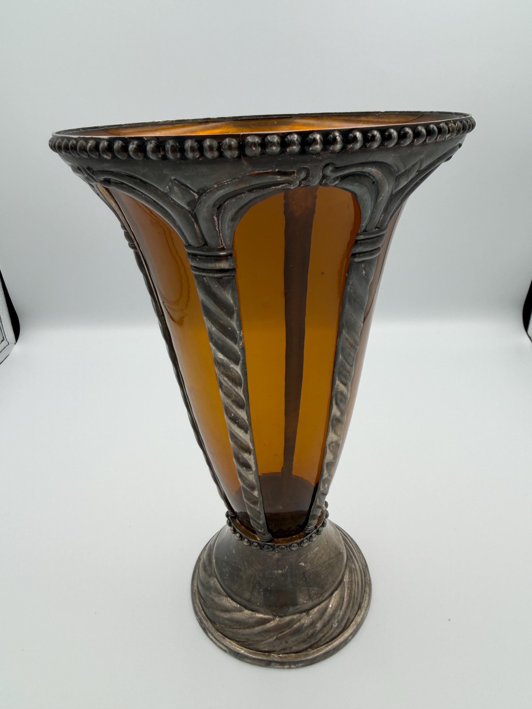 Vintage Glass and Metal Vase - Etsy