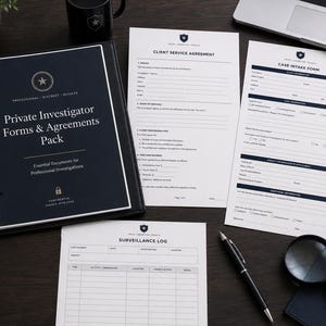 Paket med blanketter för privatdetektiver | 8 professionella mallar för privatdetektiver | Kontrakt, loggar och rapporter