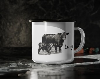 Enamel Camp Cup, Personalized Cow Coffee Cup, Customizable Farmhouse Mug, Rustic Camping Cup, Vintage Metal Tea Cup