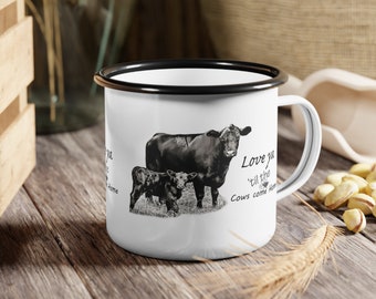 Tasse de camp émaillée Vache Black Angus, j'aime jusqu'à ce que les vaches rentrent à la maison