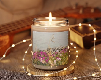 Bougie parfumée avec photo de fleurs Ocean Beach, 9 oz