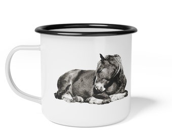 Black & White Horse Enamel Camp Cup Western Coffee Cup Cowboy Mug