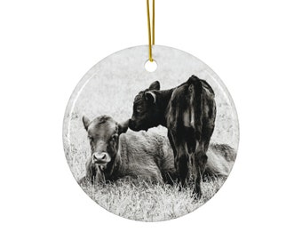 Baby Cows Christmas Tree Ceramic Ornament, 2 Shapes