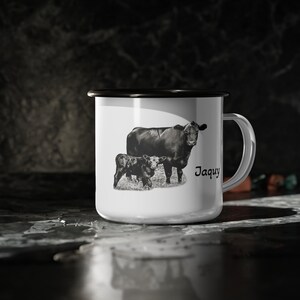 Personalisierte Emaille Camp Tasse, Bauernhaus Kuh Kaffeetasse, anpassbares Geschenk für Tierliebhaber, rustikales Trinkgefäß, Camping Zubehör,