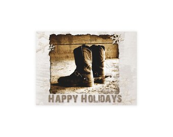 Rustic Western Cowboy Boots Holiday Greeting Card Bundles (10, 30, 50 pcs)