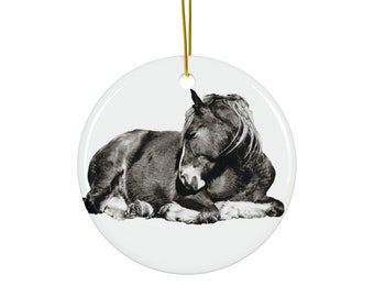 Ornement cheval noir et blanc en céramique, 2 formes, cadeau cheval belge, décoration d'arbre de vacances cow-girl
