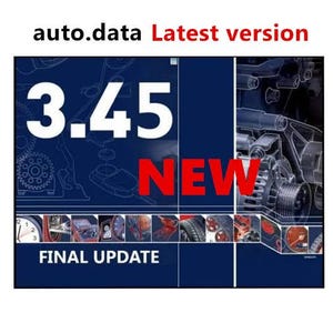 Può includere: Una copertina di software digitale intitolata auto.data Latest version con il numero 3.45 in grande carattere bianco, la parola NEW in rosso grassetto e il testo FINAL UPDATE. Lo sfondo mostra diagrammi tecnici del motore in blu.