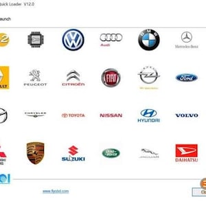 May include: The SVCI V2020 Quick Loader V12.0 software interface displays a grid of various automotive brand logos including Volkswagen, Audi, BMW, Mercedes-Benz, Renault, Peugeot, Citroen, Fiat, Opel, Ford, Mazda, Chrysler, Toyota, Nissan, Hyundai, Volvo, Mitsubishi, Porsche, Suzuki, Land Rover, Jaguar, and Daihatsu.